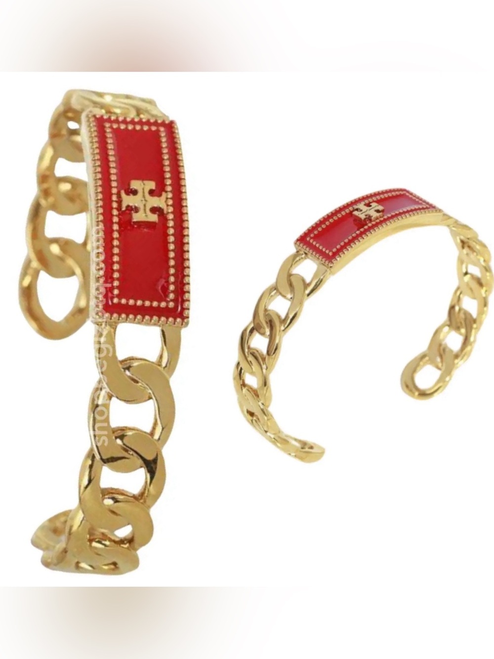 Tory Burch Authentic Gold Plated And  Milgrain Red Logo Leather Cuff Bracelet